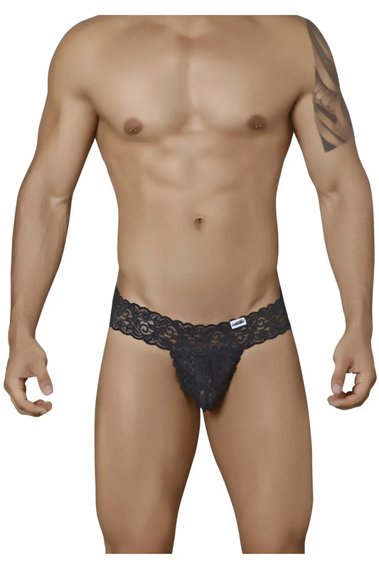 Black lace thong candyMan 99315 peek a boo thongs with intricate floral patterns and brand tag on waistband