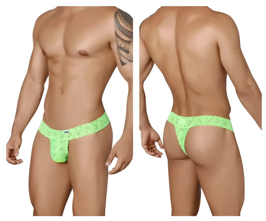 Bright neon green lace thong candyMan 99315 peek a boo thongs with intricate floral patterns front view