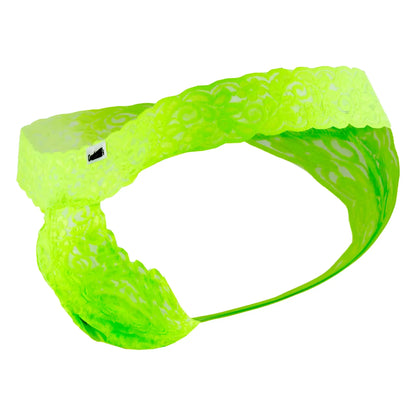 A neon green lace candyMan 99315 peek a boo thong with an intricate floral pattern and soft flexible band