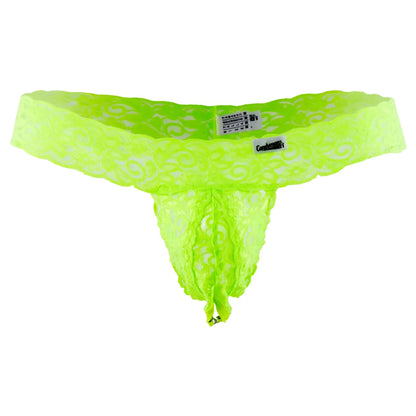 Neon green candyMan 99315 peek a boo lace thong with intricate swirl patterns and branded tag front view