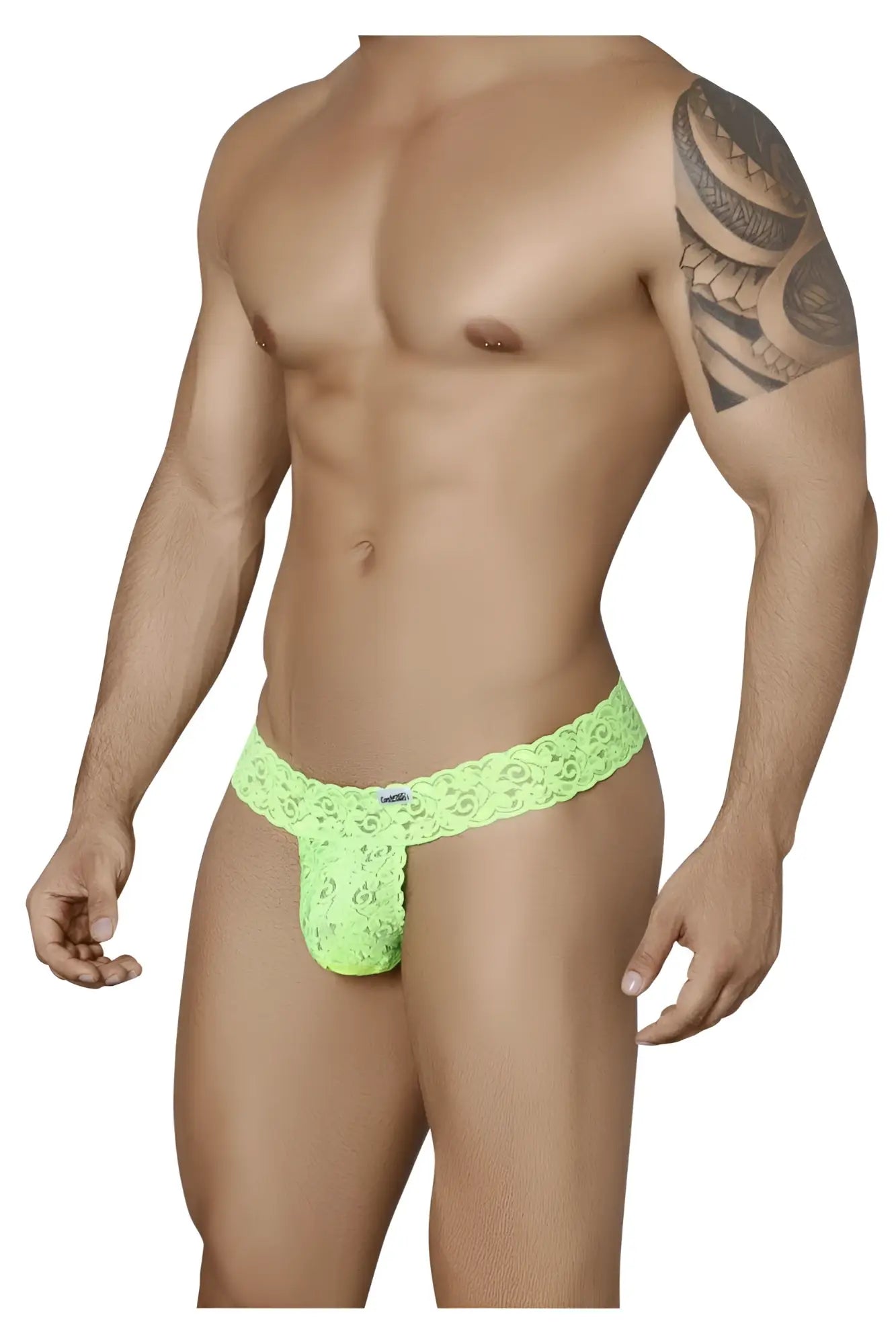 Vibrant neon green lace CandyMan 99315 peek a boo thong with intricate floral patterns and a snug form-fitting design