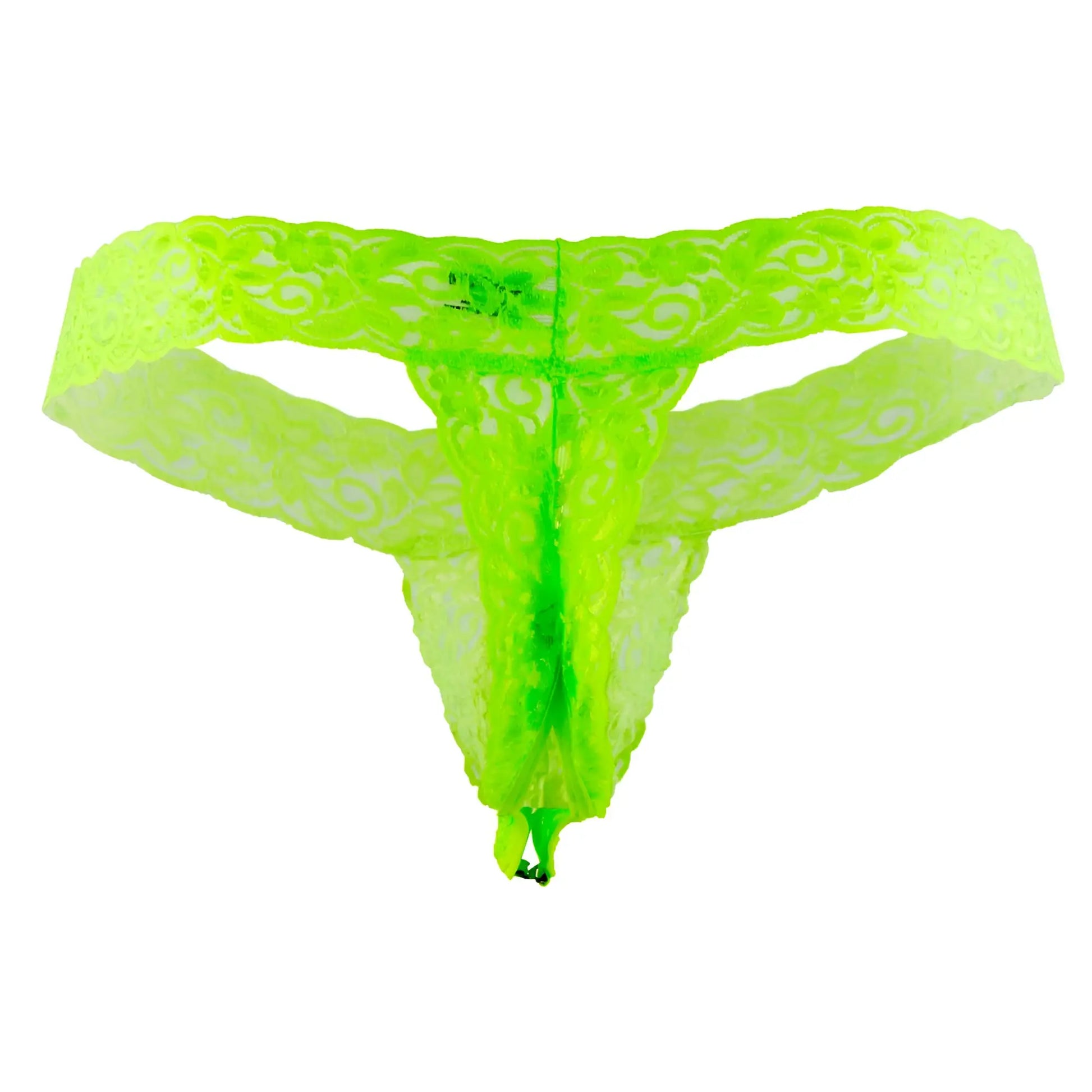 A vibrant neon green lace thong with an intricate swirling pattern from candyman 99315 peek a boo thongs collection