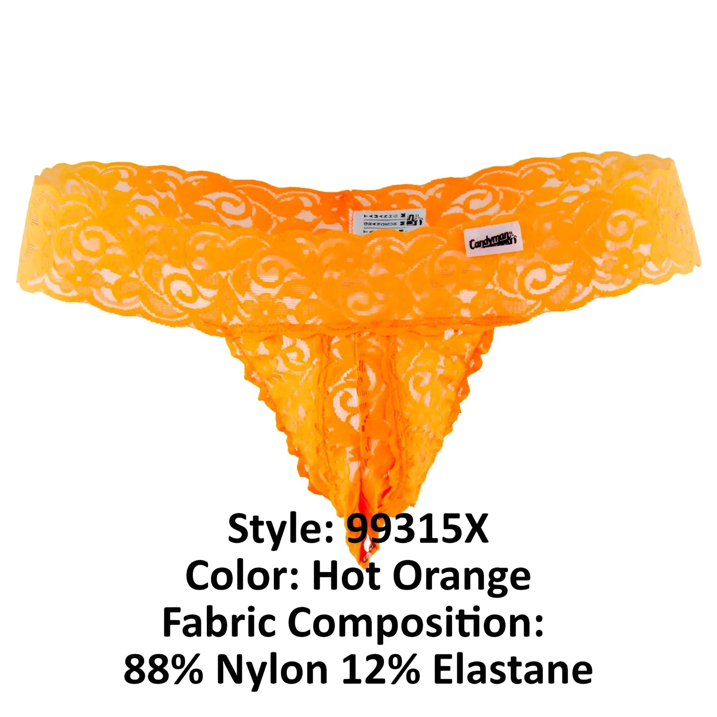 CandyMan 99315X peek a boo lace thong in hot orange with intricate swirling patterns and sheer fabric composition