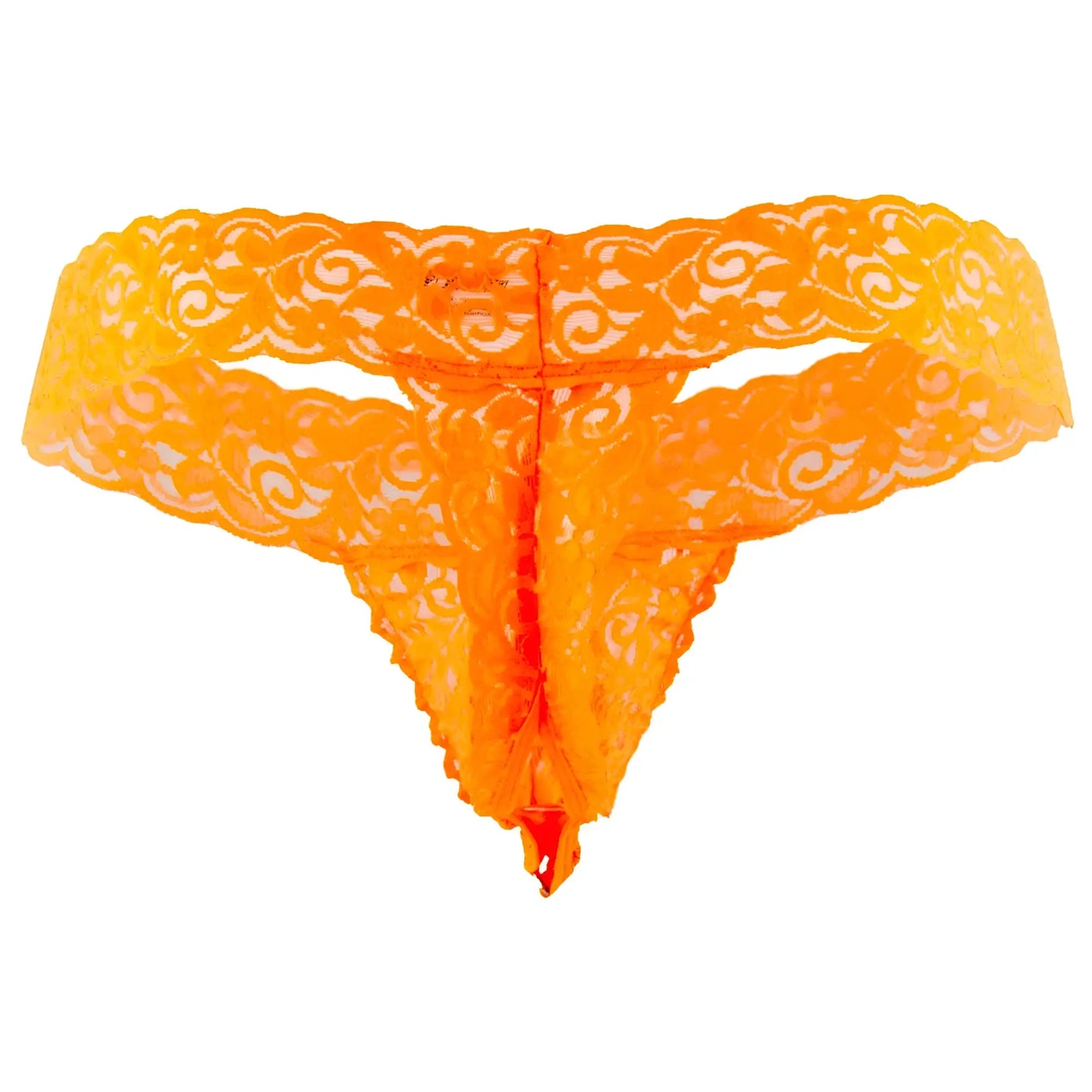CandyMan 99315X peek a boo lace thong in hot orange with intricate swirling patterns and sheer delicate fabric