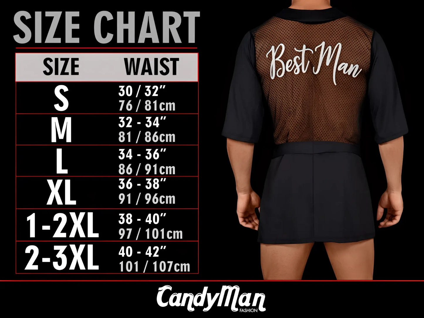 Black mesh best man vest worn over black shirt and shorts for CandyMan 99315X peek a boo lace thongs white product