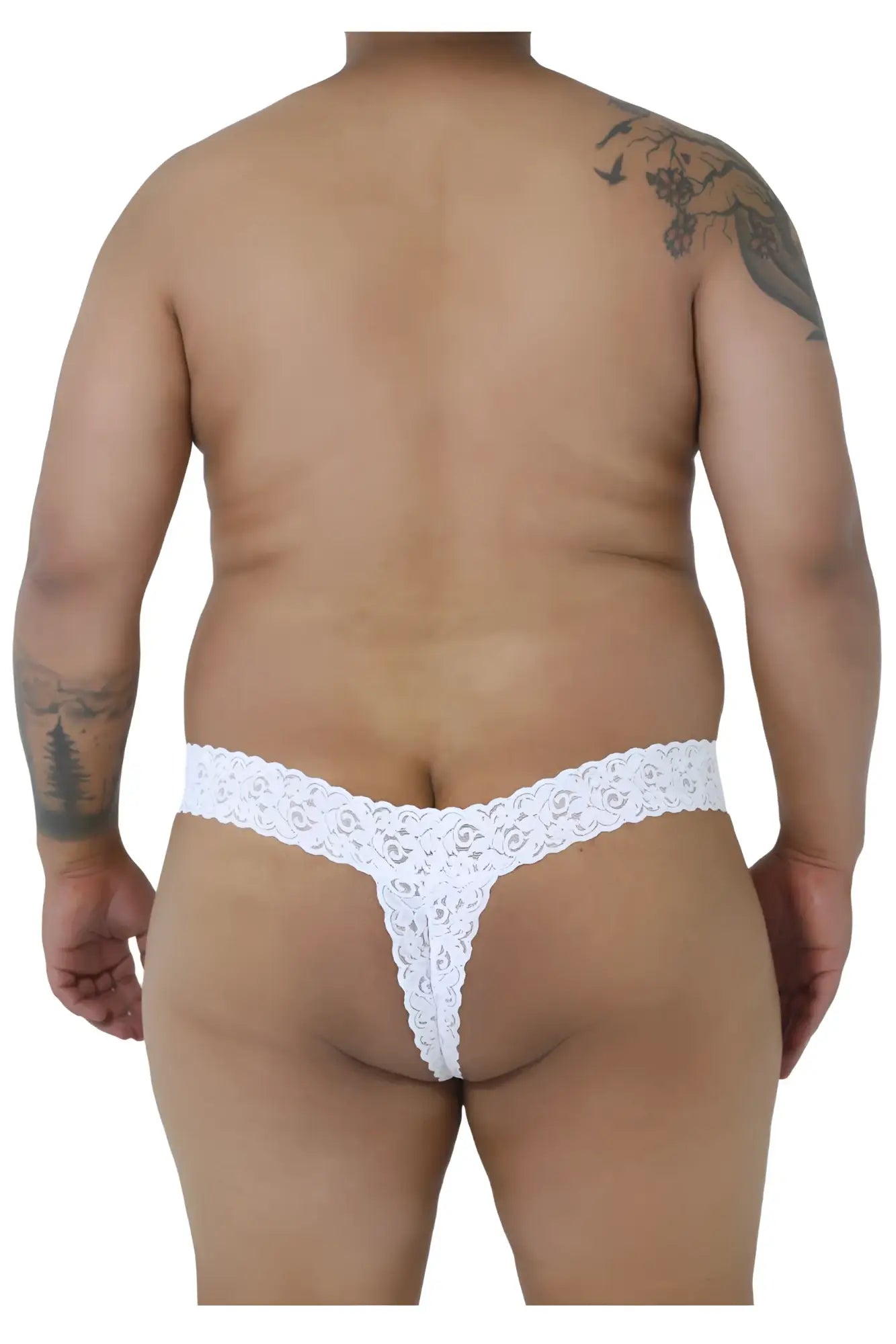 White lace thong candyMan 99315X with intricate floral pattern in peek a boo design for feminine lingerie look