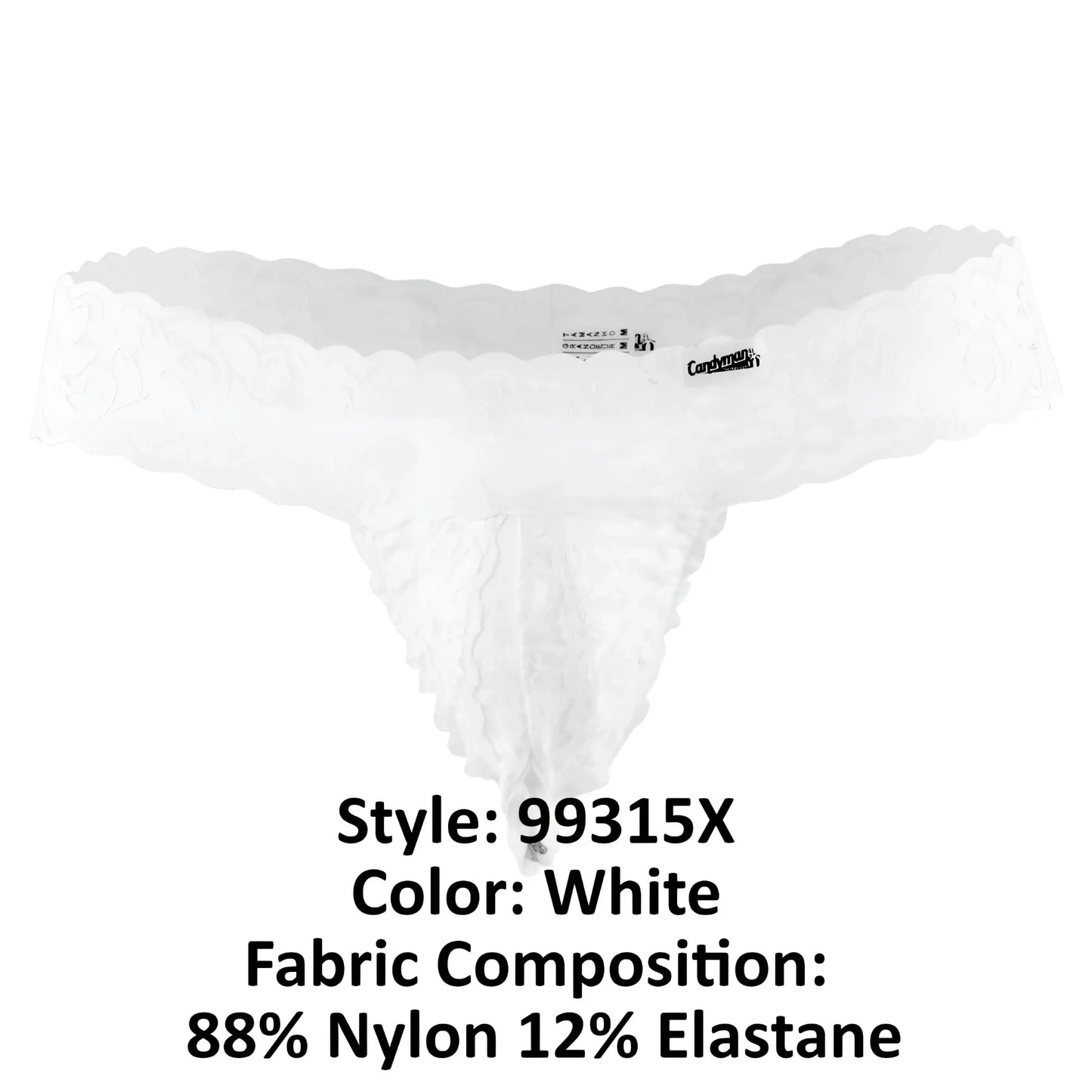 White lace thong candy man 99315x with scalloped edge and delicate ruffled detailing