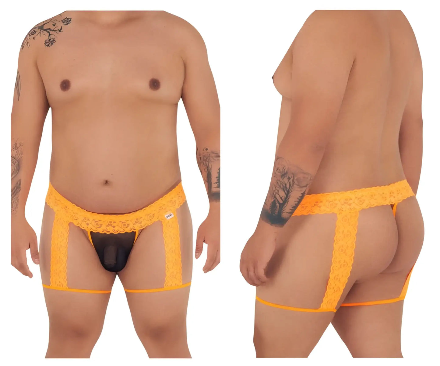 Bright orange candyMan 99369X men’s thong with lace trim and black central panel for bold wear