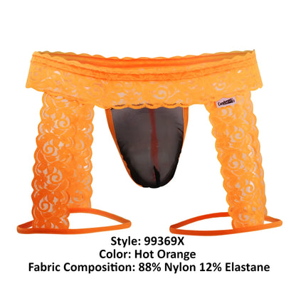 Hot orange CandyMan 99369X thong with lace front, black mesh interior, and elasticized leg bands