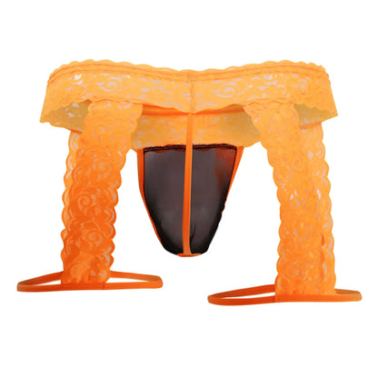 Orange lace CandyMan 99369X thong with black mesh panel and matching orange straps showing front side