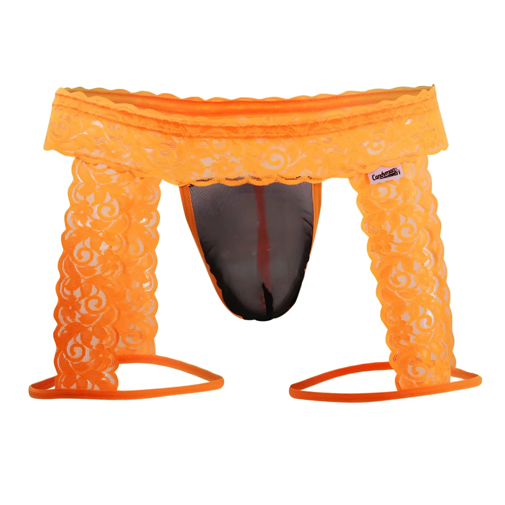 CandyMan 99369X thong in hot orange features lace front with black mesh interior and elastic leg straps