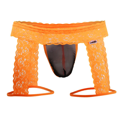 CandyMan 99369X thong in hot orange features lace front with black mesh interior and elastic leg straps