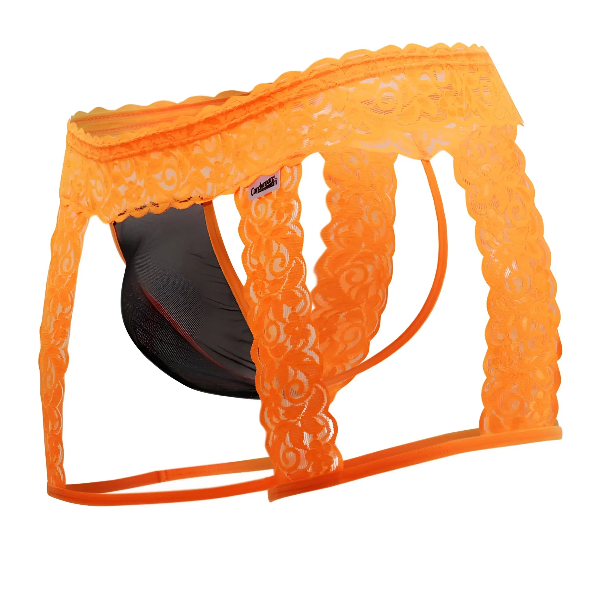 CandyMan 99369X hot orange men’s briefs with lace trim black mesh interior and elastic waistband front view