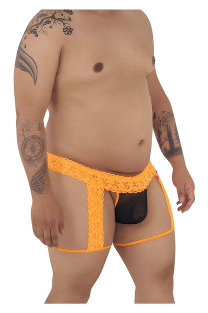 Orange lace-trimmed transparent briefs with black mesh interior from candyman 99369x thongs color hot orange