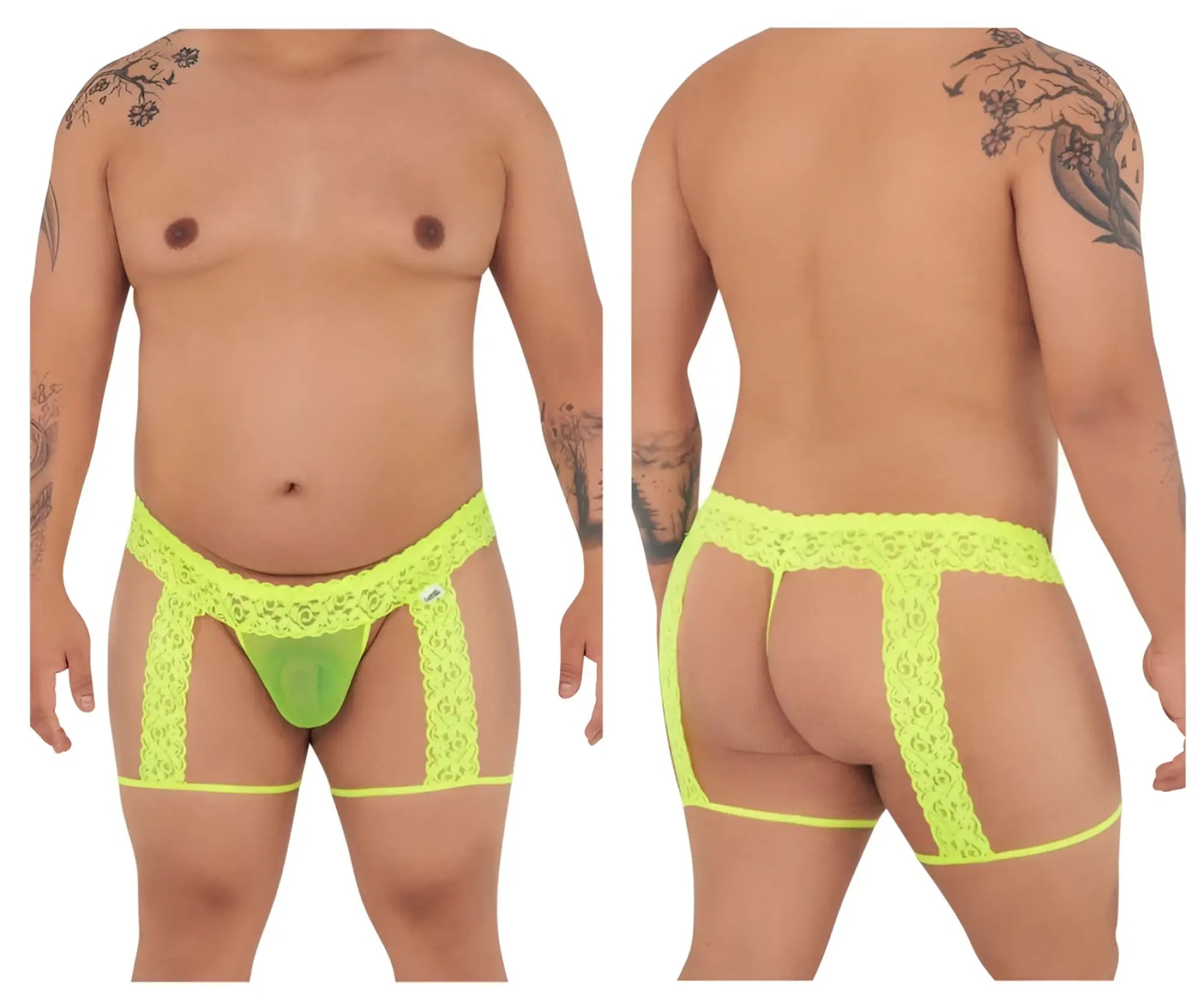 Bright neon green candyMan 99369X lace thong with matching leg straps and sheer mesh panel in hot yellow color