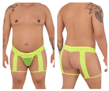 Bright neon green candyMan 99369X lace thong with matching leg straps and sheer mesh panel in hot yellow color