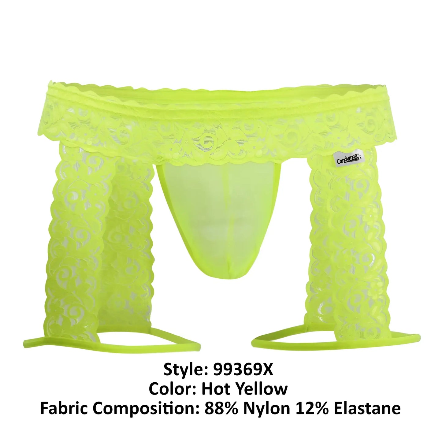 Hot yellow CandyMan 99369X thong with scalloped edge sheer patterned lace fabric for a bold lingerie look