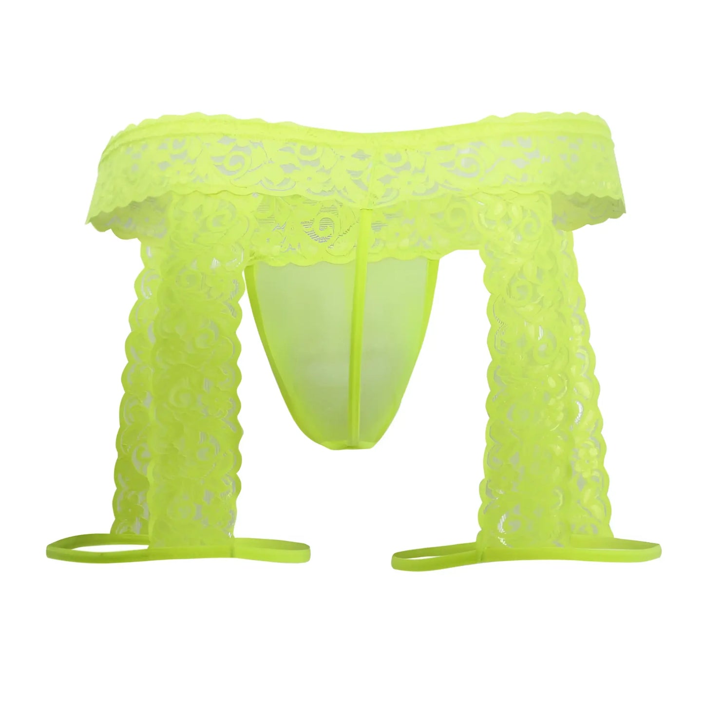 Neon green lace thong with scalloped edges and matching foot straps from candyman 99369x thongs hot yellow collection