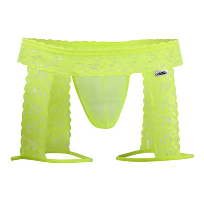 CandyMan 99369X thong in hot yellow neon lace with scalloped edges and sheer patterned design shown from the back