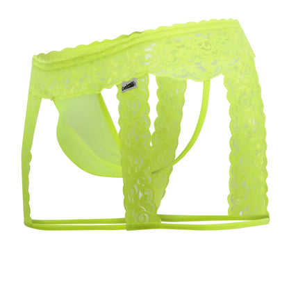 CandyMan 99369X thongs vibrant neon green lace-trimmed men’s briefs with sheer patterned design