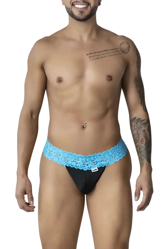Black candyMan 99370 lace thong with vibrant blue lace trim featuring a front view design