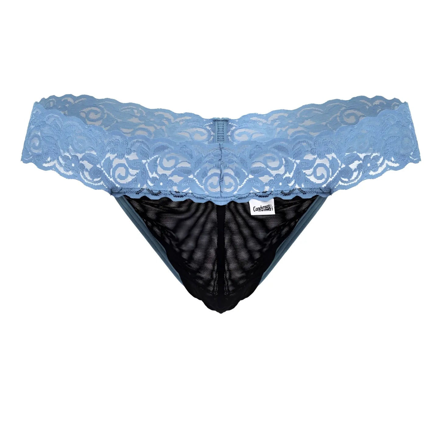 Light blue CandyMan 99370 thong featuring lace trim and black mesh interior for comfortable stylish wear