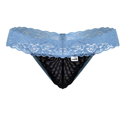 Light blue CandyMan 99370 thong featuring lace trim and black mesh interior for comfortable stylish wear