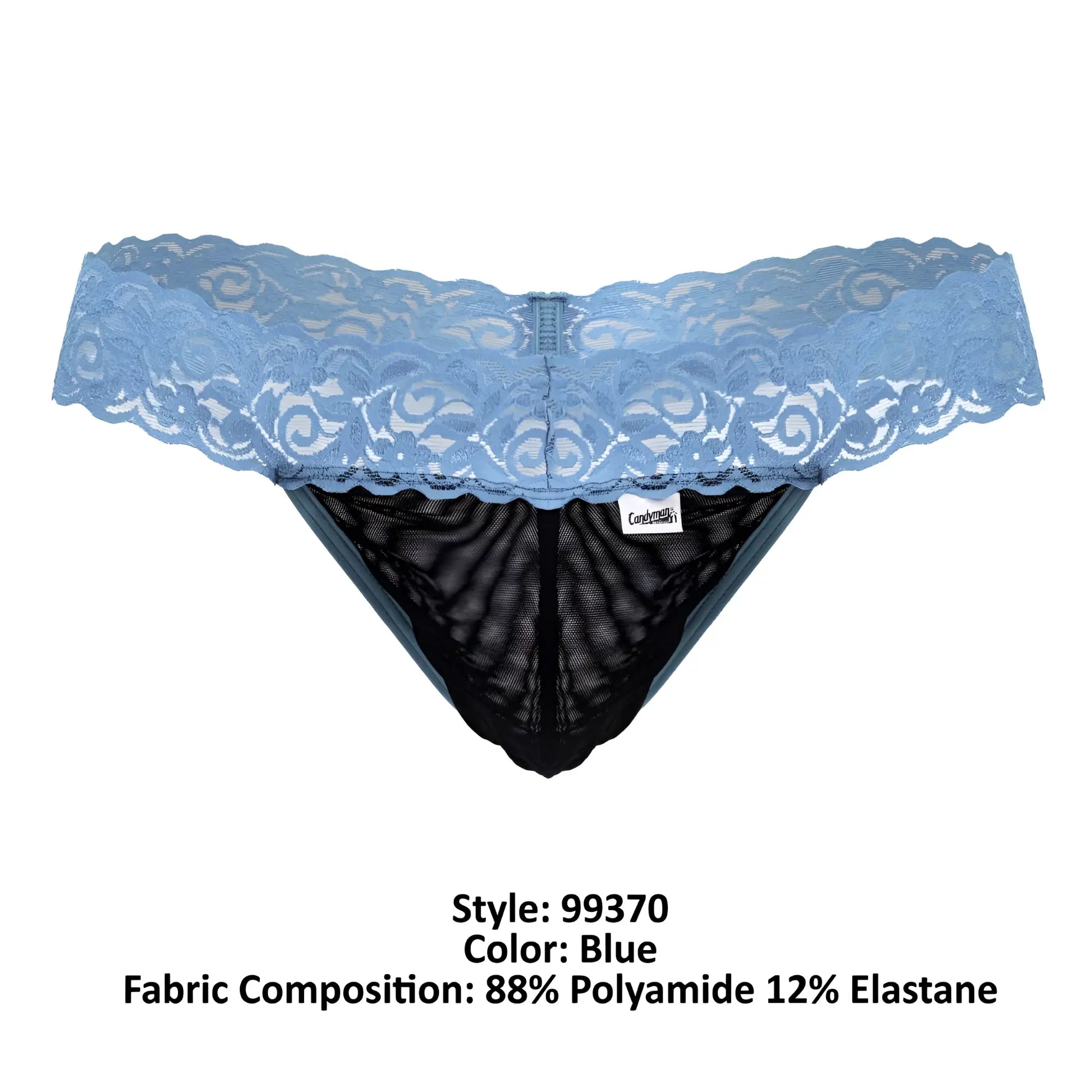Blue CandyMan 99370 lace thong with lace trim and black mesh interior showing front side details