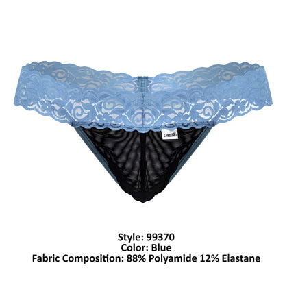 Blue CandyMan 99370 lace thong with lace trim and black mesh interior showing front side details