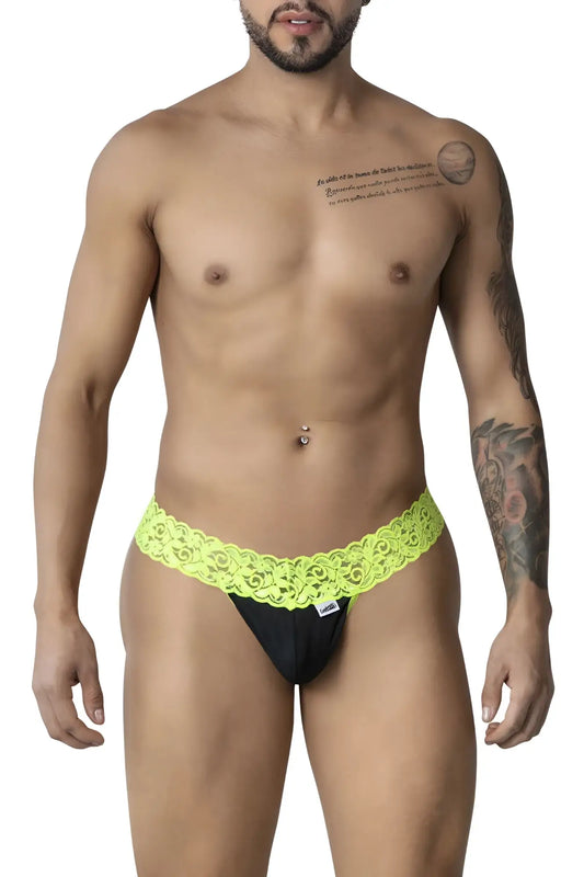 Black lace-trimmed CandyMan 99370 hot green thongs with a vibrant neon green decorative band front view