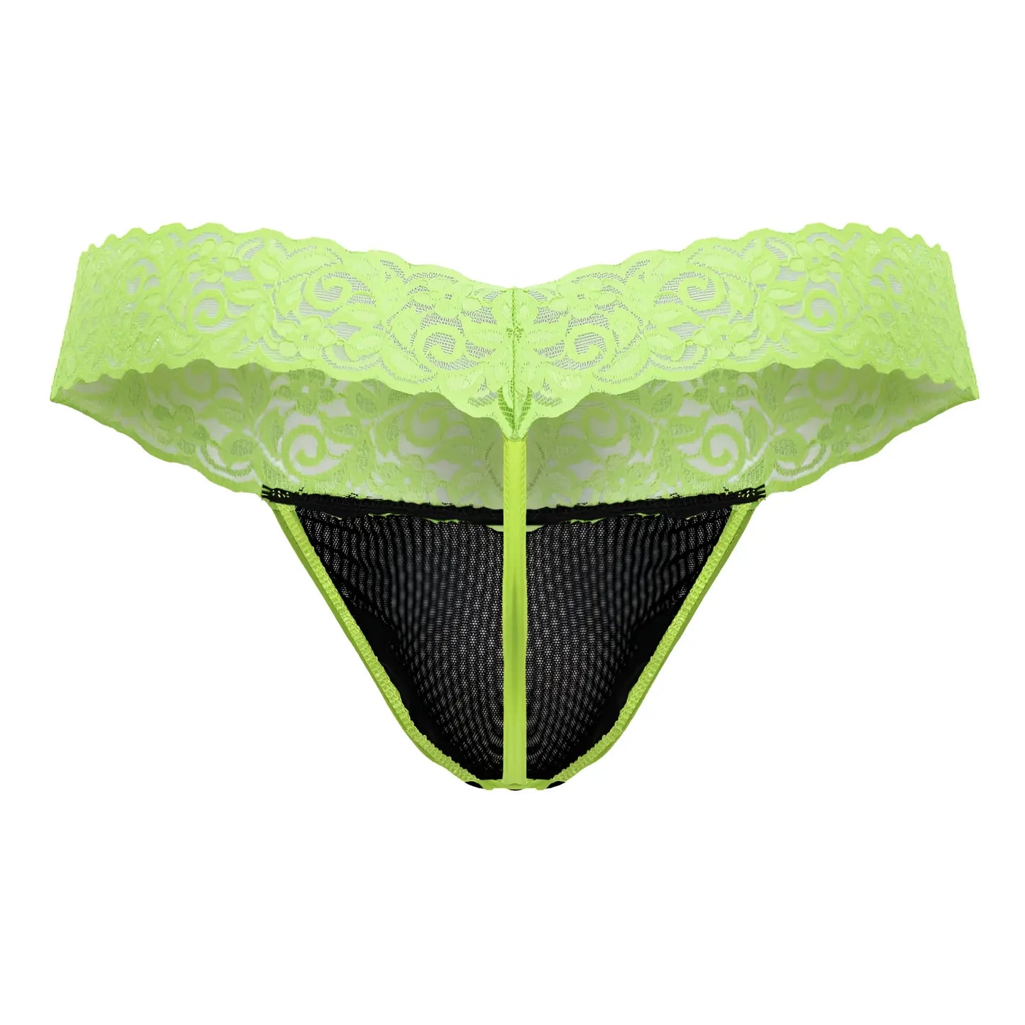 CandyMan 99370 lime green lace thong with black mesh panel and central zipper for stylish lingerie wear