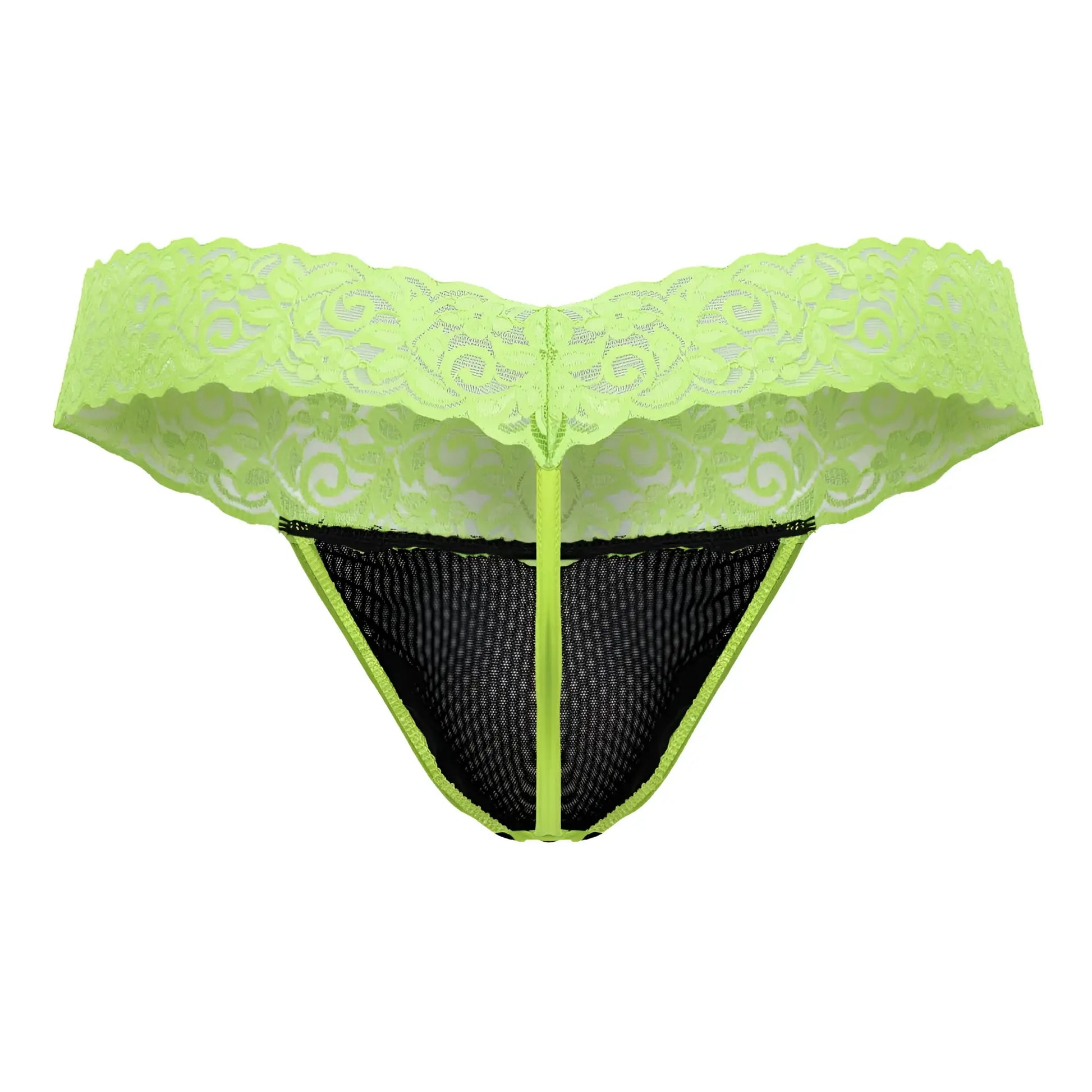 CandyMan 99370 lime green lace thong with black mesh panel and central zipper for stylish lingerie wear