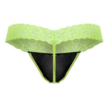 CandyMan 99370 lime green lace thong with black mesh panel and central zipper for stylish lingerie wear