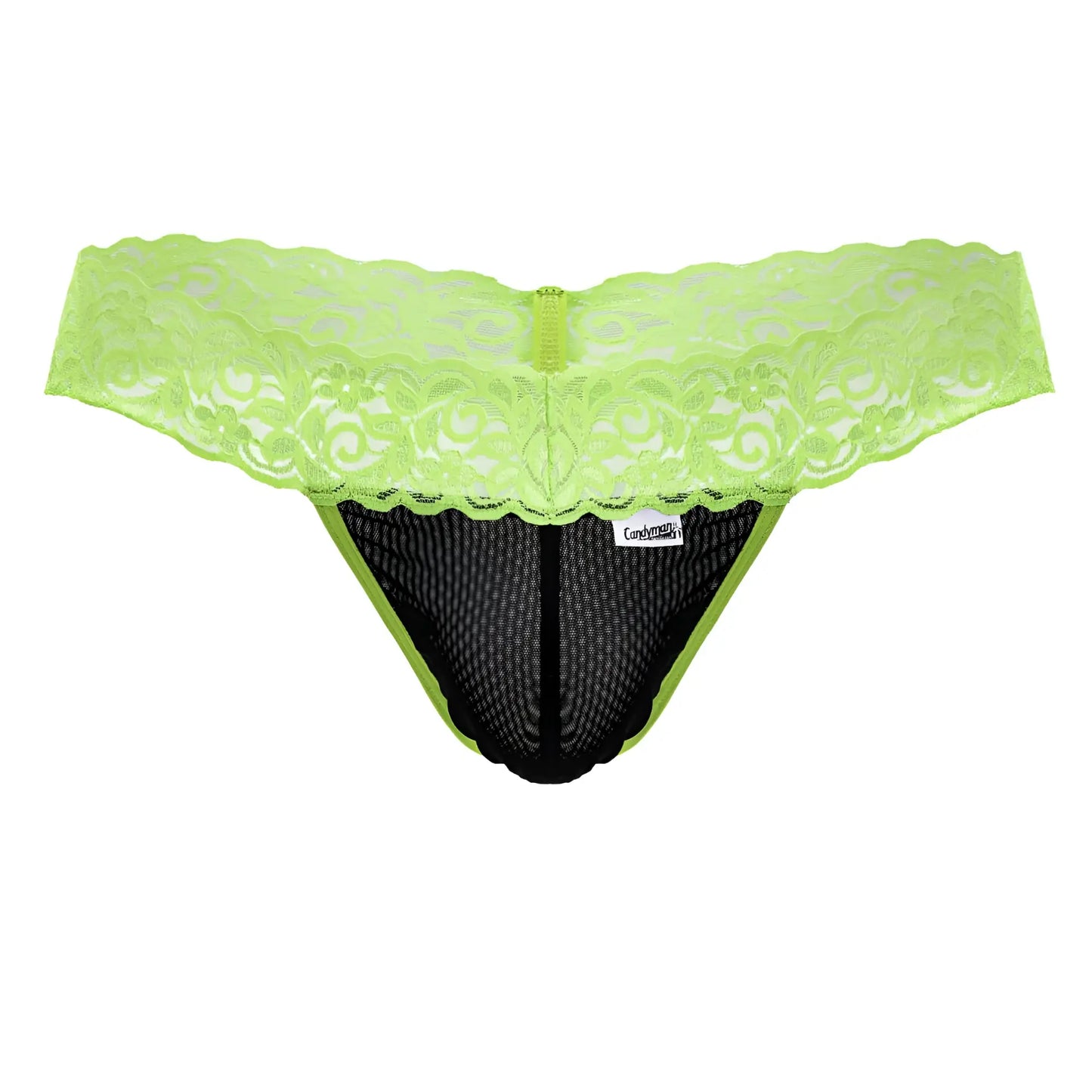 CandyMan 99370 lace thong in hot green with lime green lace trim black mesh and a central zipper detail