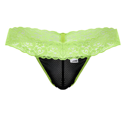 CandyMan 99370 lace thong in hot green with lime green lace trim black mesh and a central zipper detail