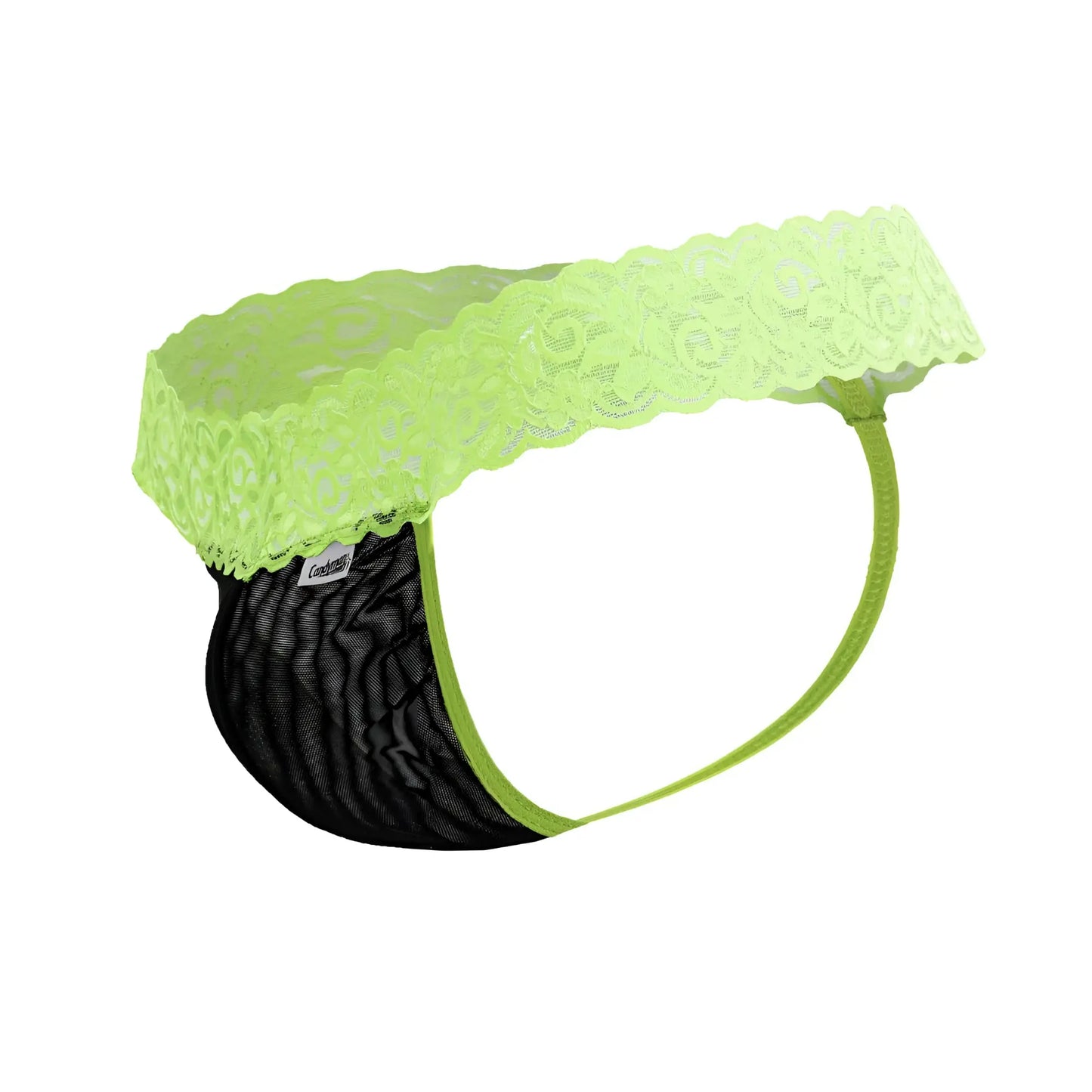 CandyMan 99370 lace thongs in lime green with lace-trimmed black mesh briefs for a stylish, comfortable fit