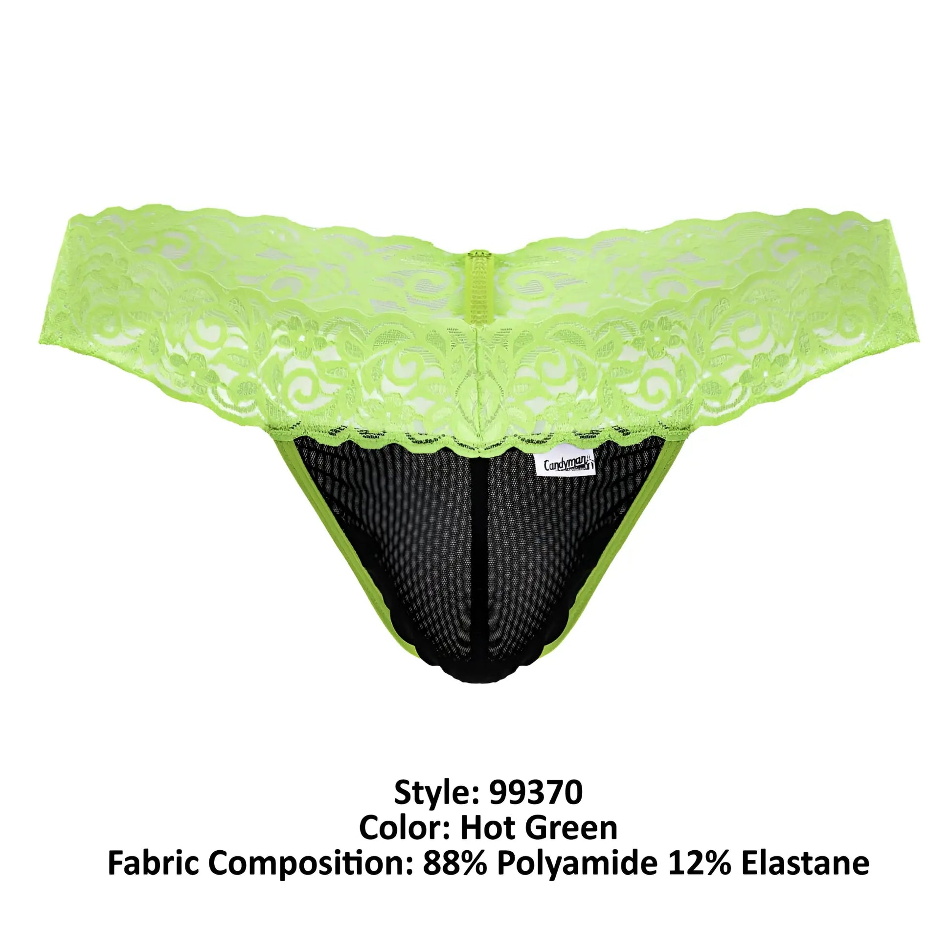 Hot green CandyMan 99370 lace thong with black mesh interior and central zipper for a bold lingerie look