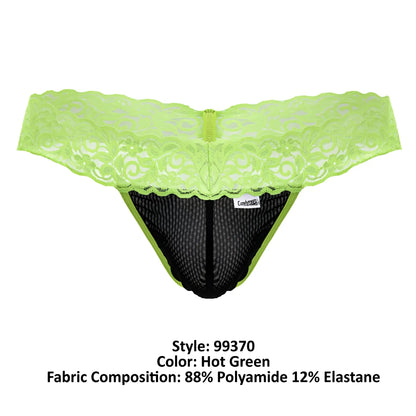 Hot green CandyMan 99370 lace thong with black mesh interior and central zipper for a bold lingerie look