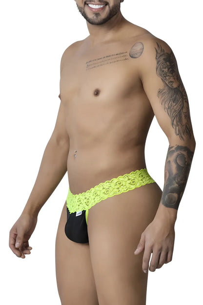 CandyMan 99370 lace thongs in vibrant neon green with black lace trim featuring a delicate lace design