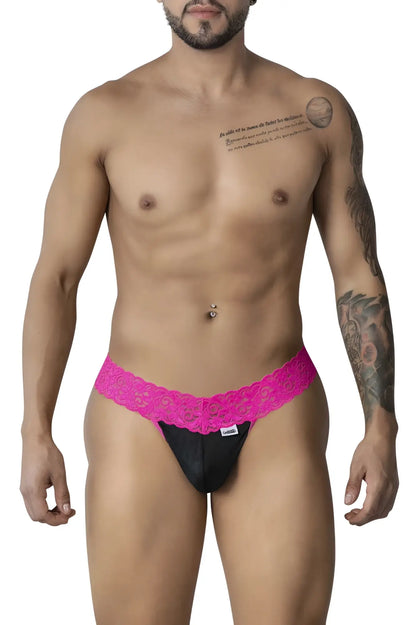 Black and fuchsia lace-trimmed CandyMan 99370 lace thongs with branded tag in hot pink color