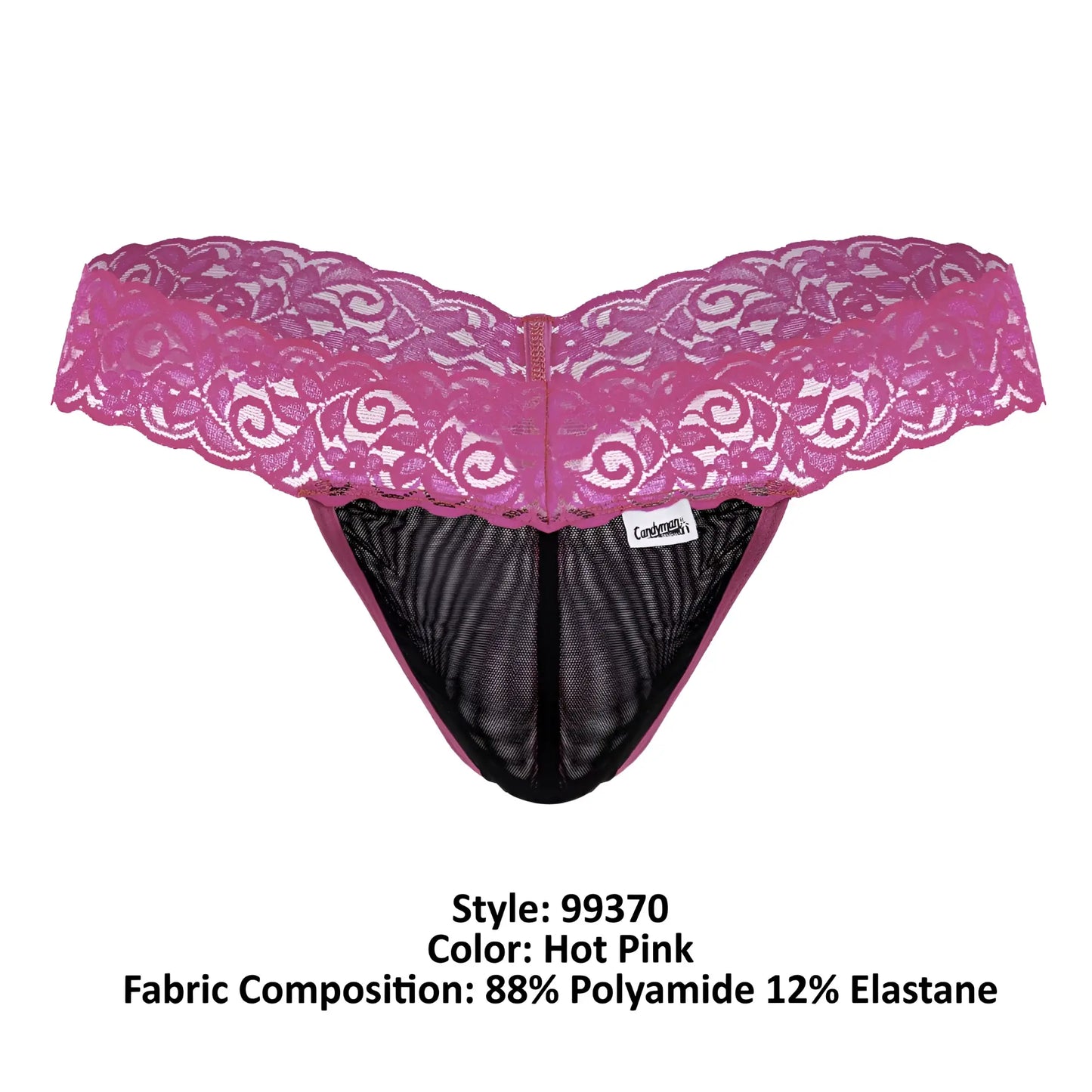 CandyMan 99370 hot pink lace thong with black mesh interior and central zipper detail