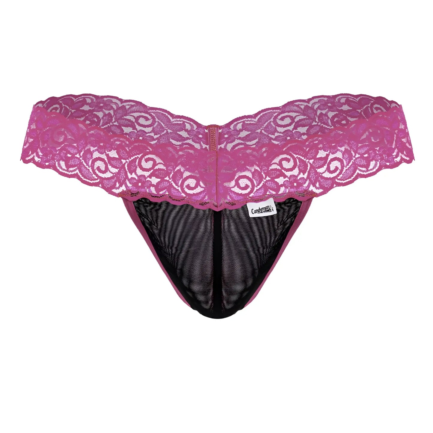 Pink lace thong candyman 99370 with black mesh interior and central zipper in hot pink color front view