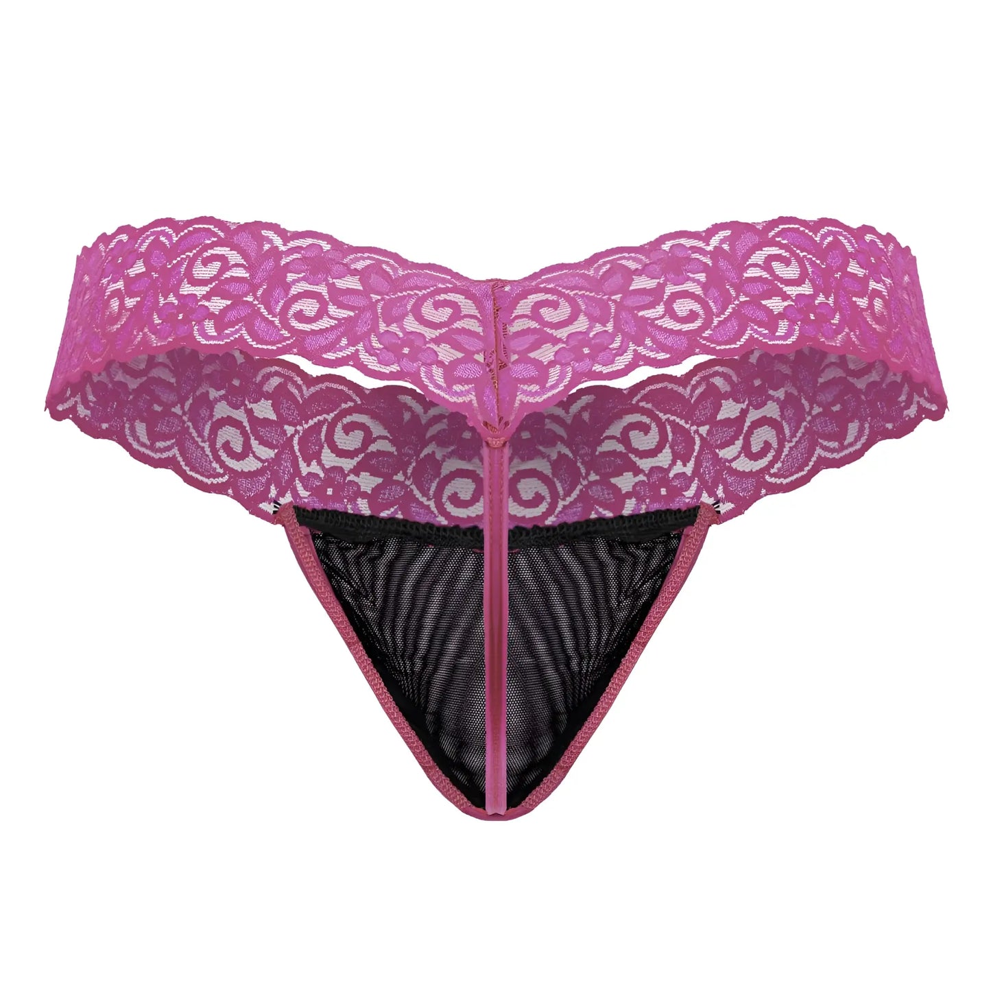 A vibrant hot pink CandyMan 99370 lace thong with black mesh panel and matching zipper detail
