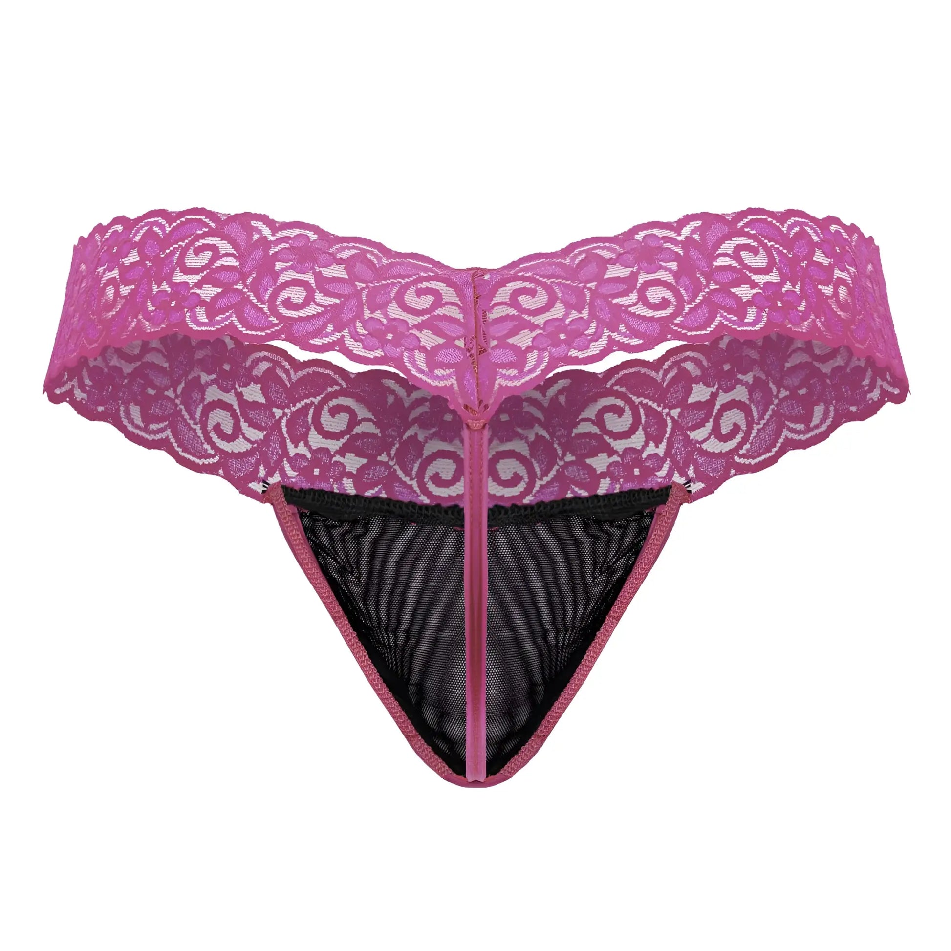 A vibrant hot pink CandyMan 99370 lace thong with black mesh panel and matching zipper detail