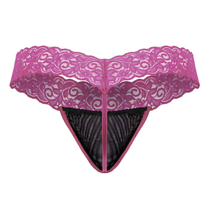 A vibrant hot pink CandyMan 99370 lace thong with black mesh panel and matching zipper detail