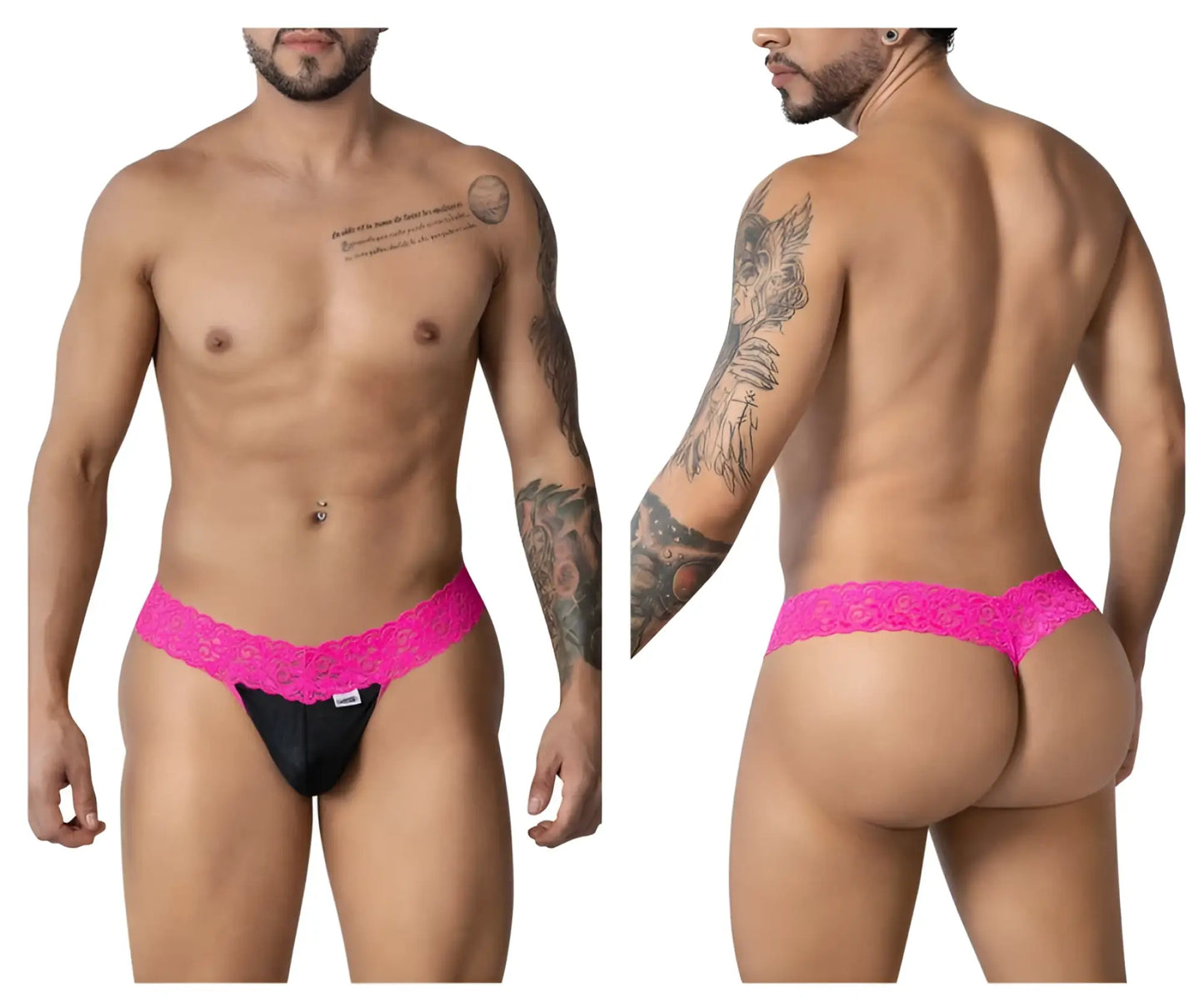 Vibrant hot pink candyMan 99370 thong with black lace trim and small brand tag on waistband