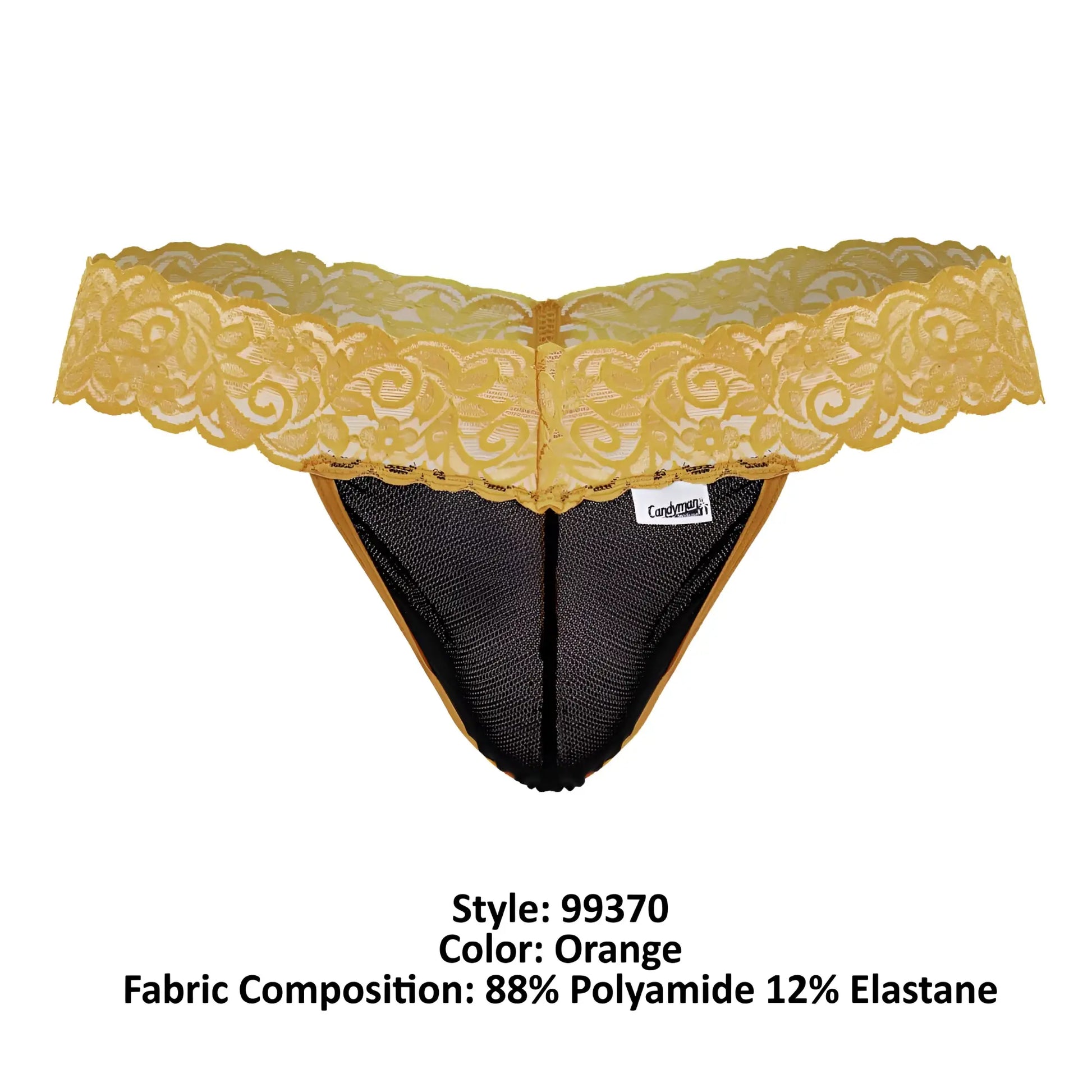 CandyMan 99370 lace thong in orange featuring delicate lace with black mesh interior and gold trim detailing