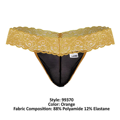 CandyMan 99370 lace thong in orange featuring delicate lace with black mesh interior and gold trim detailing