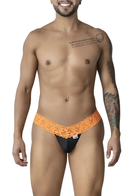 Orange lace-trimmed black briefs CandyMan 99370 lace thongs showcasing delicate lace and vibrant color blend