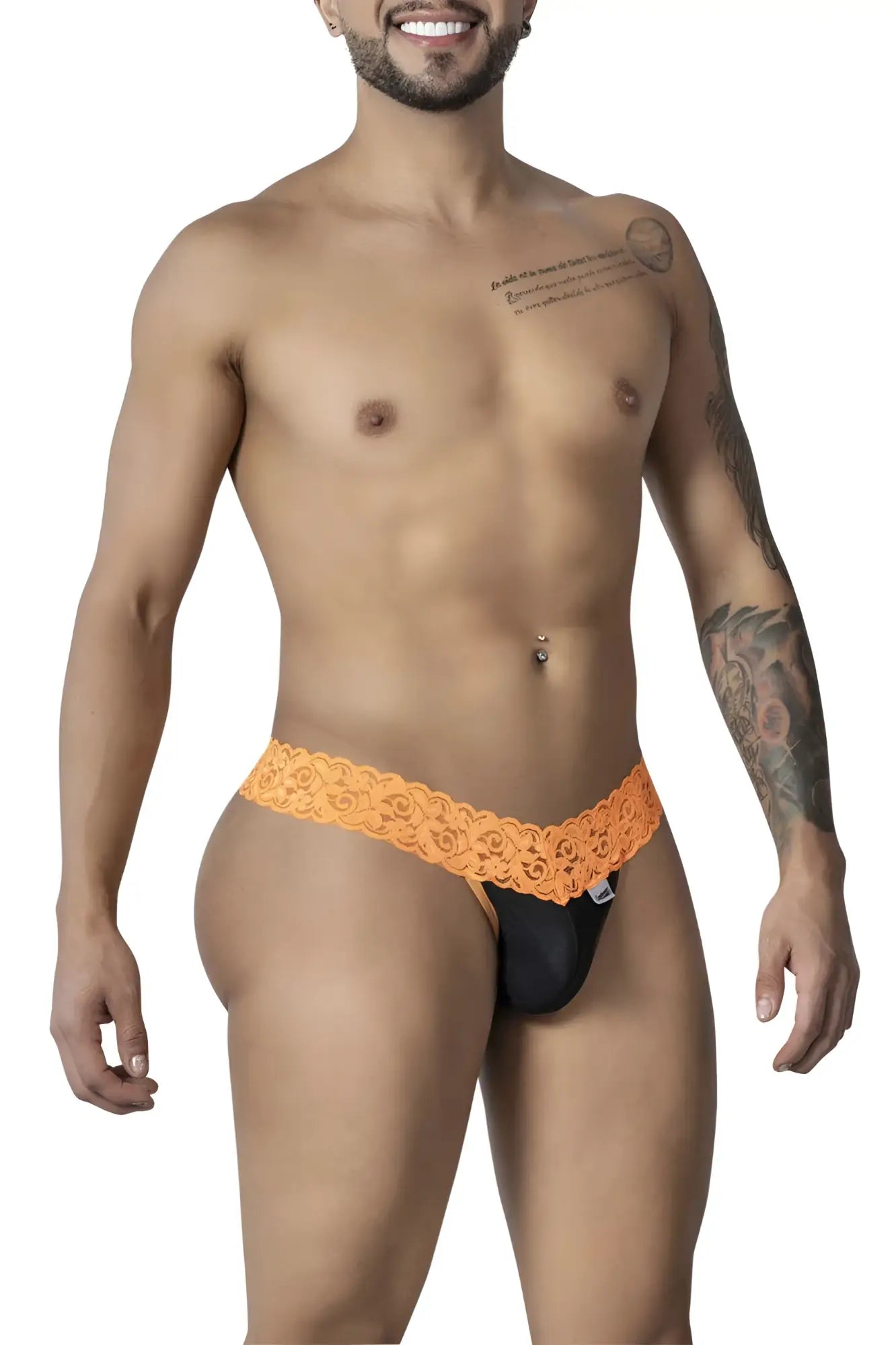Orange lace-trimmed black thong with small white brand tag on the side from Candyman 99370 lace thongs color orange